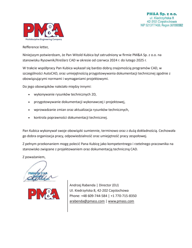 Podgląd listu referencyjnego PM&A dla Witolda Kubicy
